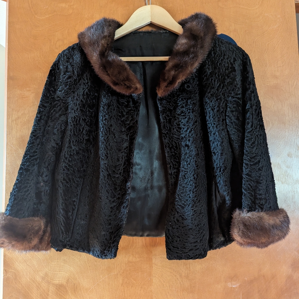 Black Teddy Jacket with Brown Fur Trim and Plush Texture